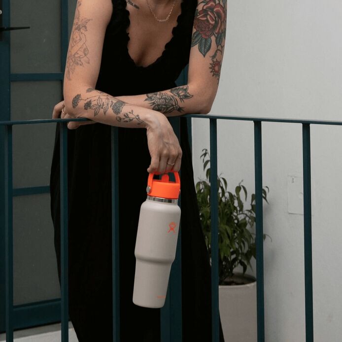 32 oz Wide Mouth Travel Bottle with Flex Straw Cap Neon Orange